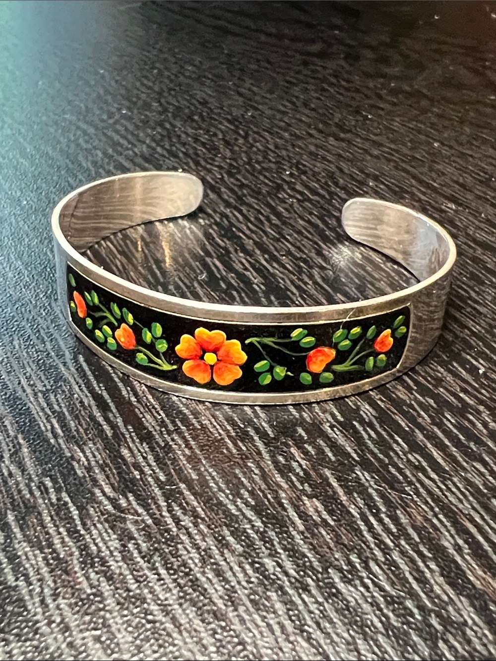Vintage Antique Handpainted Floral Enamel 800 Silver Cuff Bracelet - Picture 2 of 11